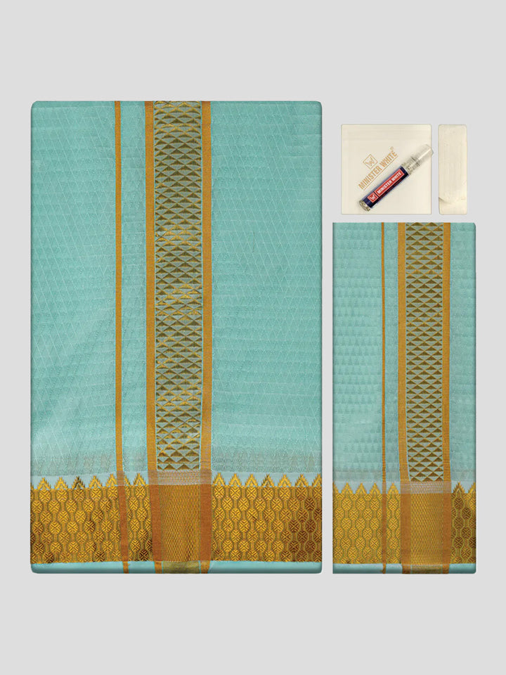 Men's Premium Art Silk Mint Shirt Bit with 2 1/2" Gold Jari Border Dhoti Towel Combo Sieger