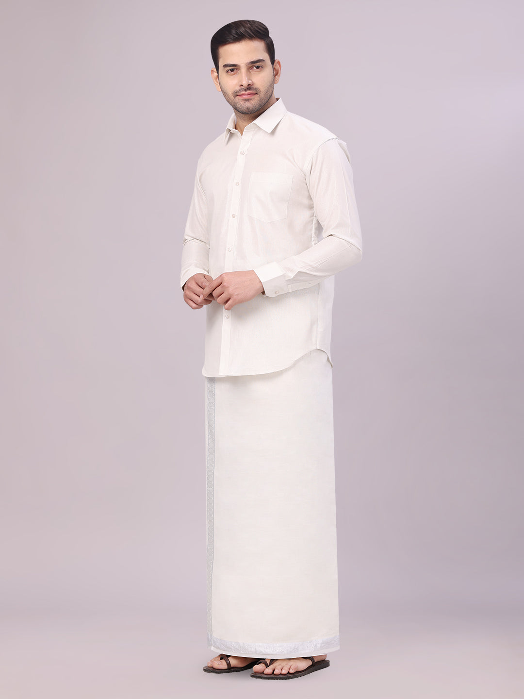 Men's Tissue Silver Shirt with Jacquard Fancy Border Dhoti Wedding Combo Nios side pose