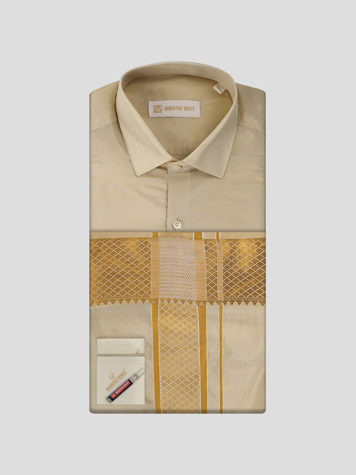 Men's Plain Art Silk Medium Gold Full Sleeves Shirt with 3"Jacquard Jari Border Flexi Dhoti Combo Mangal