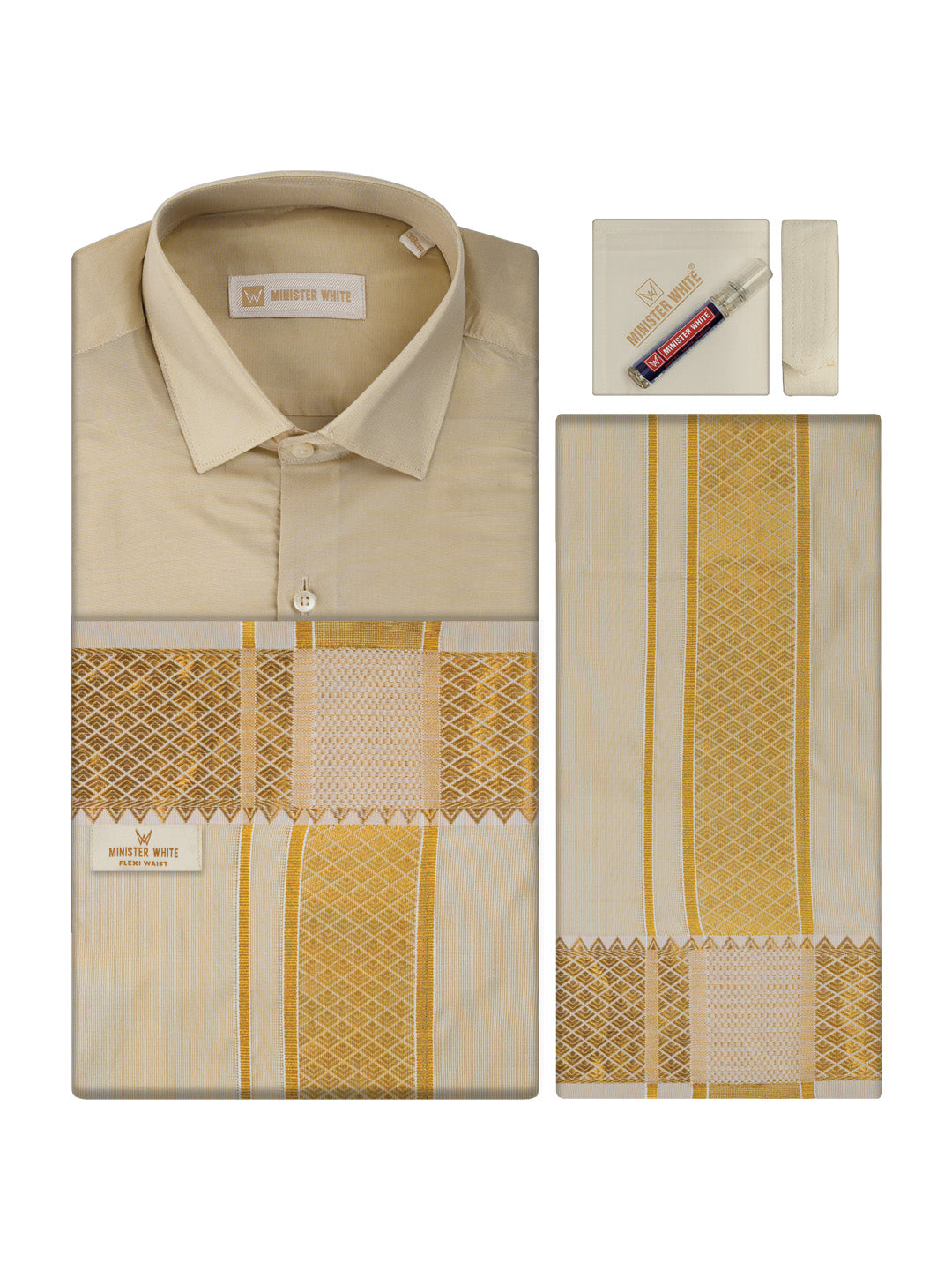 Men's Plain Art Silk Medium Gold Full Sleeves Shirt with 3"Jacquard Jari Border Flexi Dhoti Combo Mangal