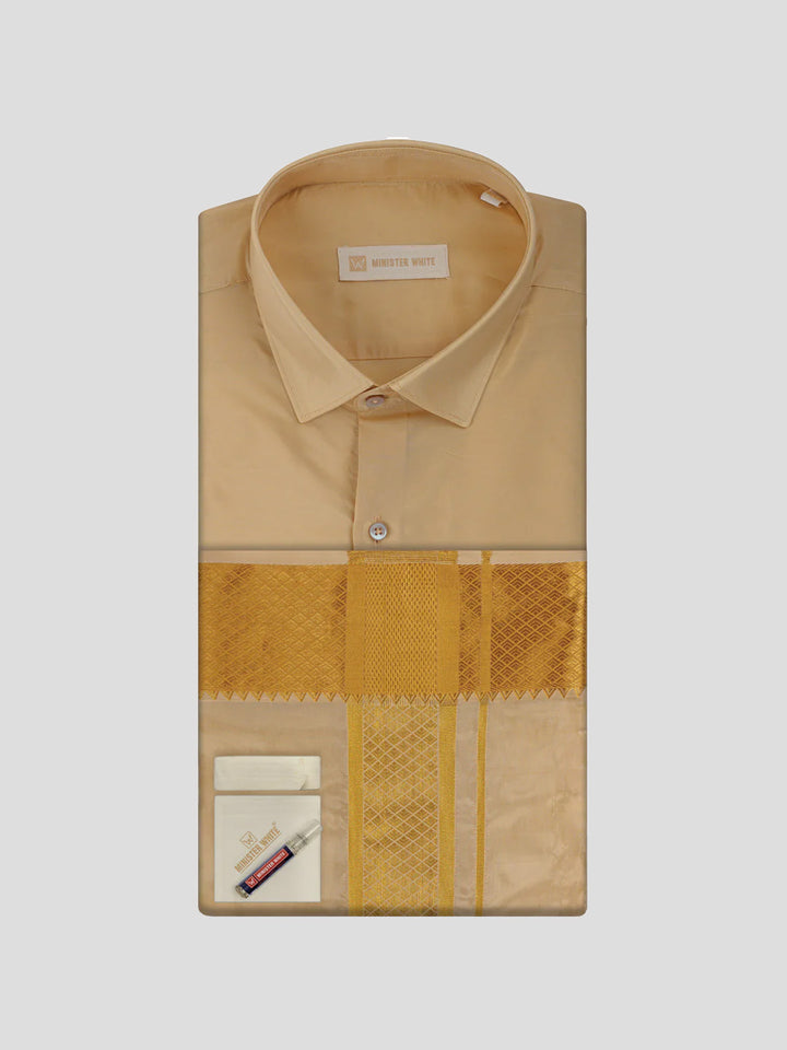 Men's Art Silk Fawn Gold Full Sleeves Shirt with 3" Gold Jari Border & Towel Dhoti Combo Mangal