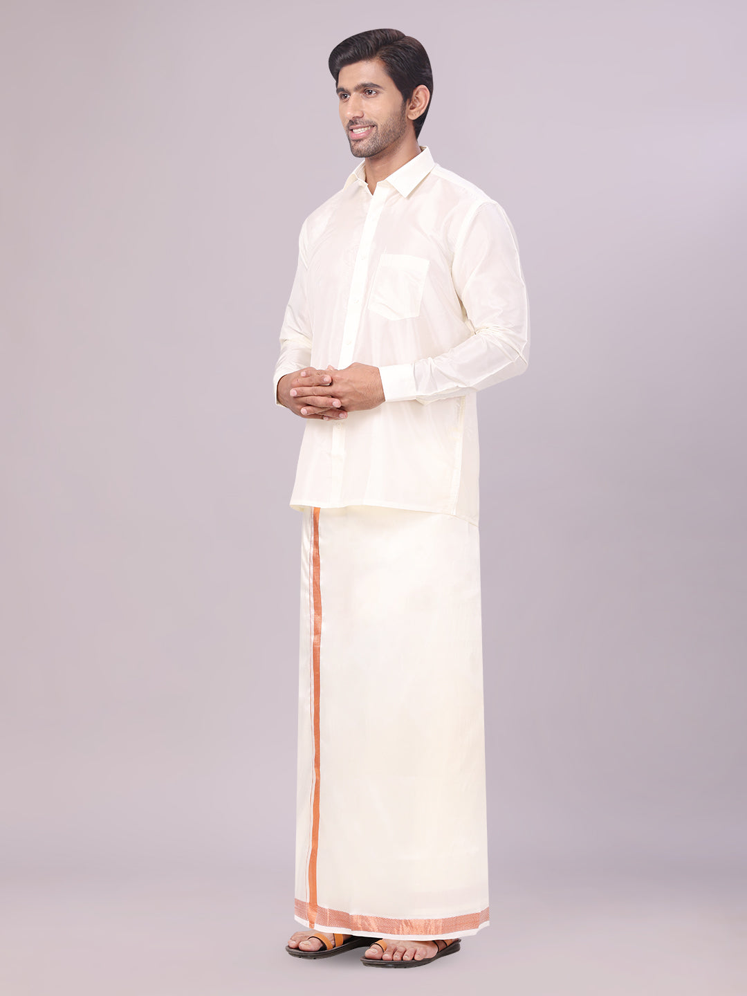 Men's Art Silk Cream Full Sleeves Shirt with Copper Jari Border Dhoti Combo Finesse side pose