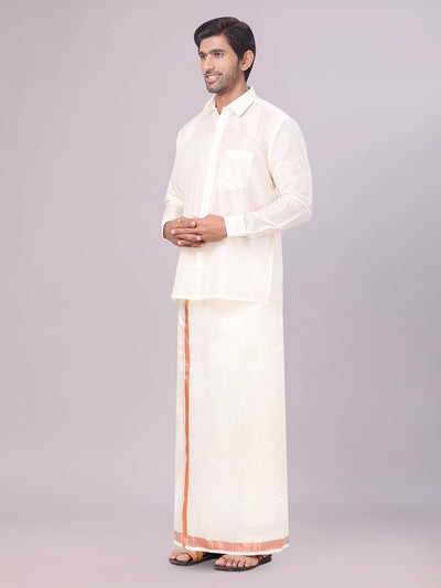 Men's Art Silk Cream Full Sleeves Shirt with Copper Jari Border Dhoti Combo Finesse side pose