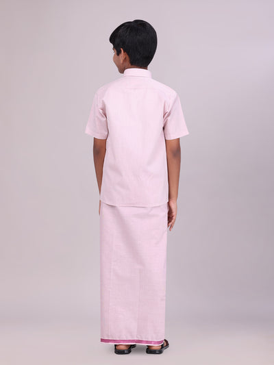 Boys Tissue Rose Colour Shirt with Dhoti Combo back pose