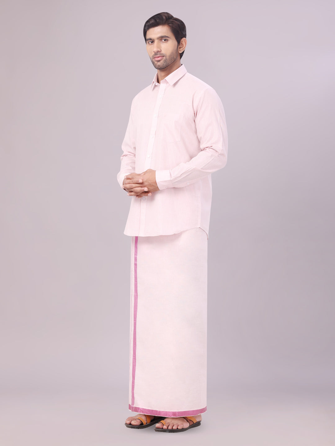 Men's Tissue Rose Color Dhoti Shirt Wedding Combo Maverick side pose