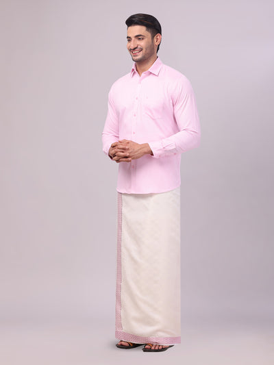 Mens Cotton Light Rose Shirt and Airtex Matching Border Dhoti Combo Nector