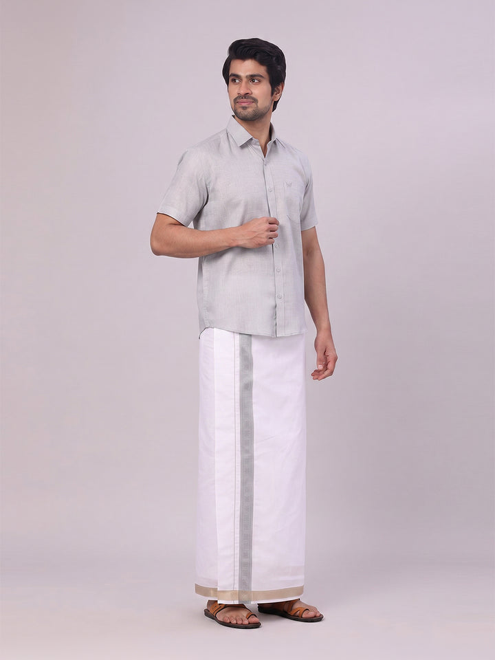 Mens Light Grey Shirt with Matching jacquard Weave Border Dhoti Combo Marsh