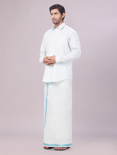 Men's Tissue Mint Blue Colour Dhoti Shirt Wedding Combo Maverick side pose