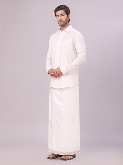 Men's Light Rose Tissue Jacquard Shirt with Matching Dhoti Combo Zeus side pose