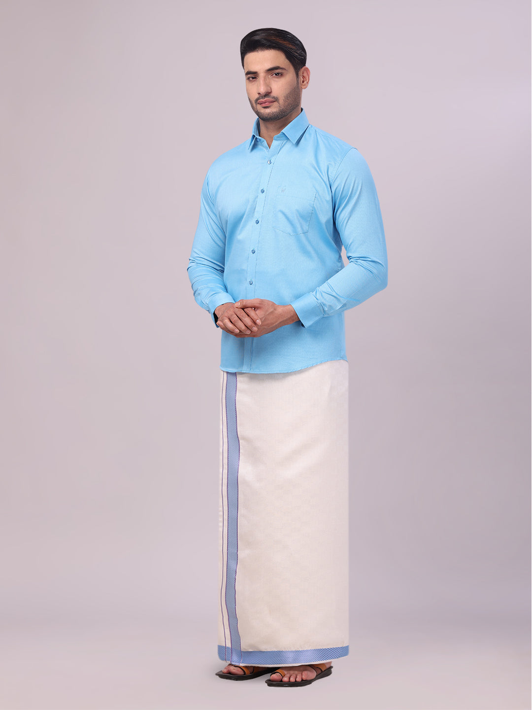 Men's Cotton Sky Blue Shirt and Airtex Matching Border Dhoti Combo Nector side pose