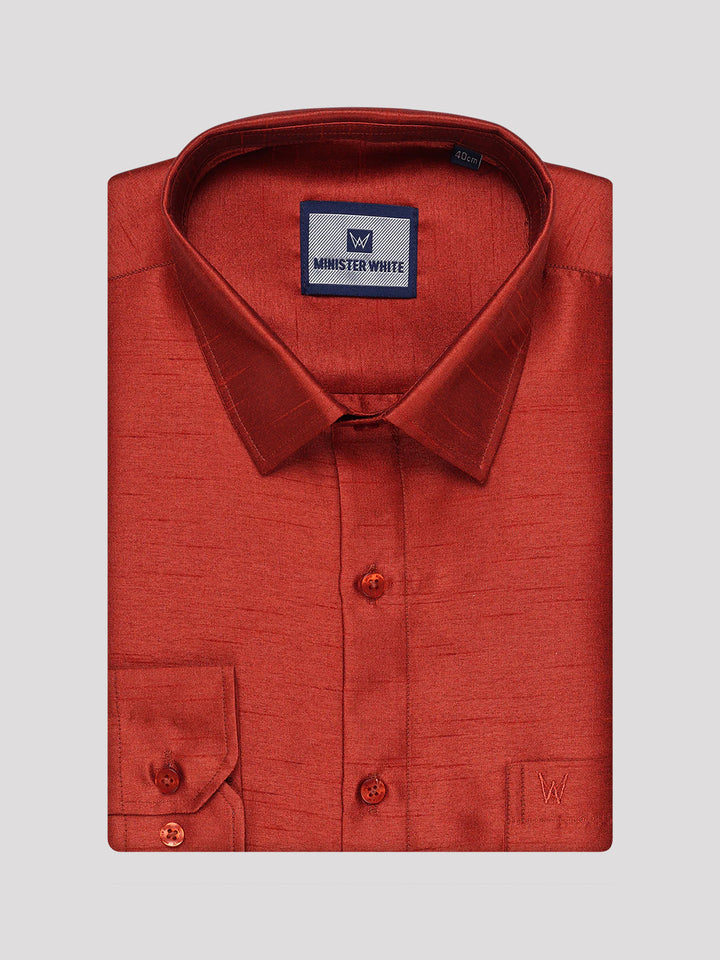 Men's Brick Red Dupion Satin Color Shirt with Matching Border Flexi Dhoti Combo Gora Flexi
