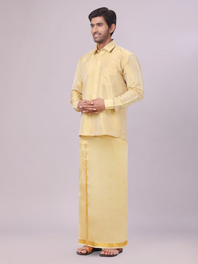 Men's Art Silk Mango Full Sleeves Shirt with Gold Jari Border Dhoti Combo Finesse side pose