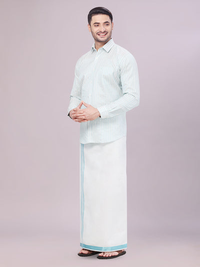 Men's Tissue Stripes Mint Blue Shirt with Plain Jari Border Dhoti Wedding Combo Carter