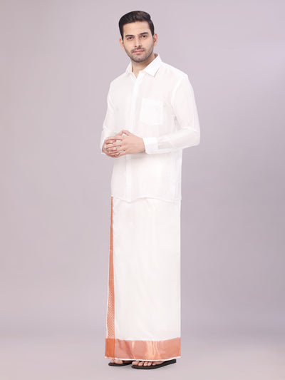 Men's Art Silk Half White Full Sleeves Shirt with 4" Copper Jari Border Dhoti Combo Neogen side pose