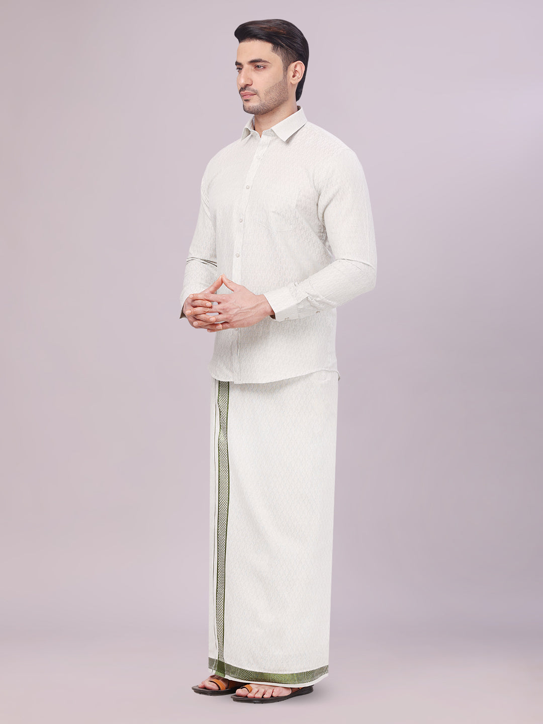 Men's Olive Green Colour Jacquard Shirt with Matching Dhoti Combo Zeebra side pose