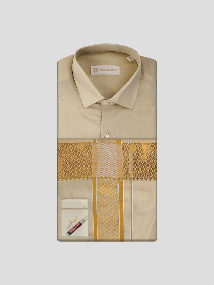 Men's Art Silk Medium Gold Jacquard Full Sleeves Shirt with 3"  Gold Jari Border & Towel Dhoti Combo Mangal