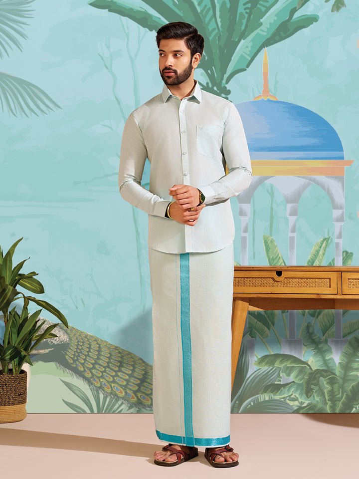 Mens Tissue Mint Blue Shirt with Jacquard Fancy Border Dhoti Wedding Combo Nios