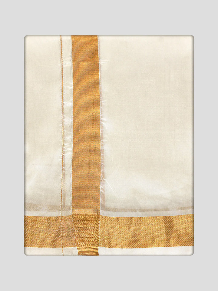 Men's Premium Art Silk Cream Shirt Bit with 100k Gold Jari Border Dhoti Towel Combo Wedding Wonders