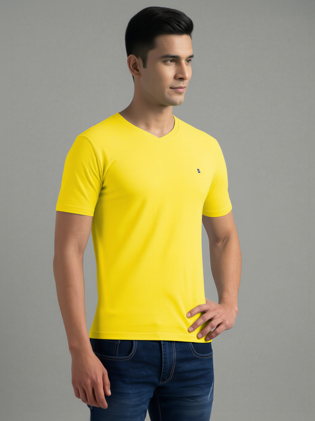 Men's Yellow Regular Fit V-Neck T-Shirt Caliber
