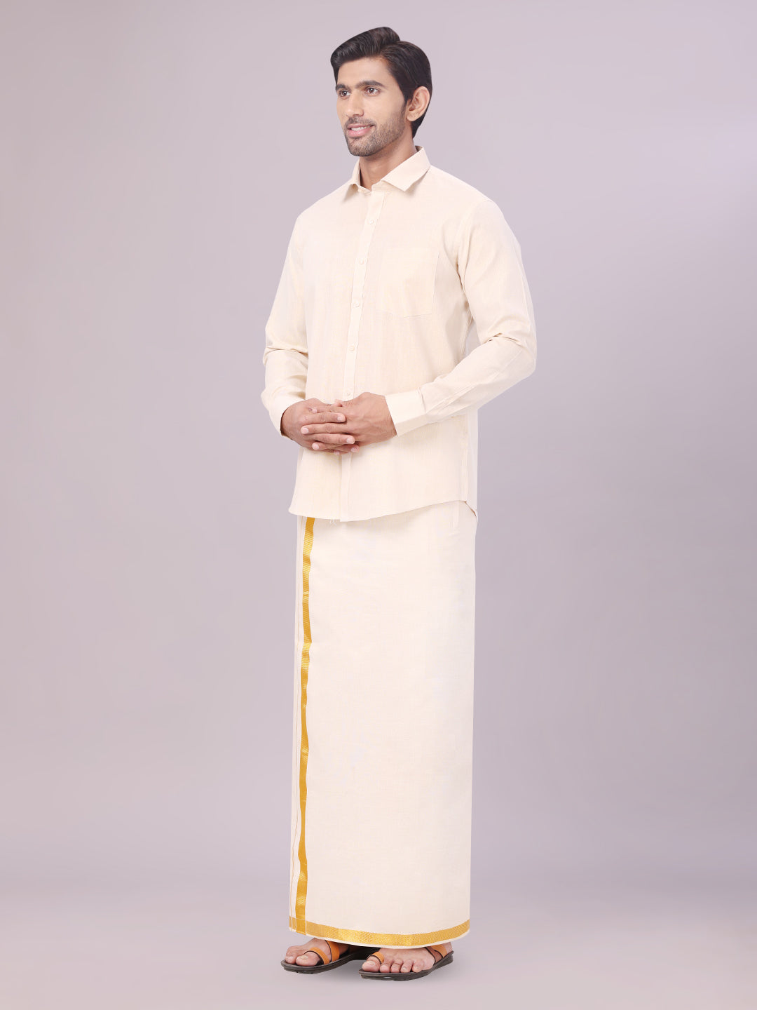 Men's Tissue Gold Color Flexi Dhoti Shirt Wedding Combo Maverik Flexi side pose