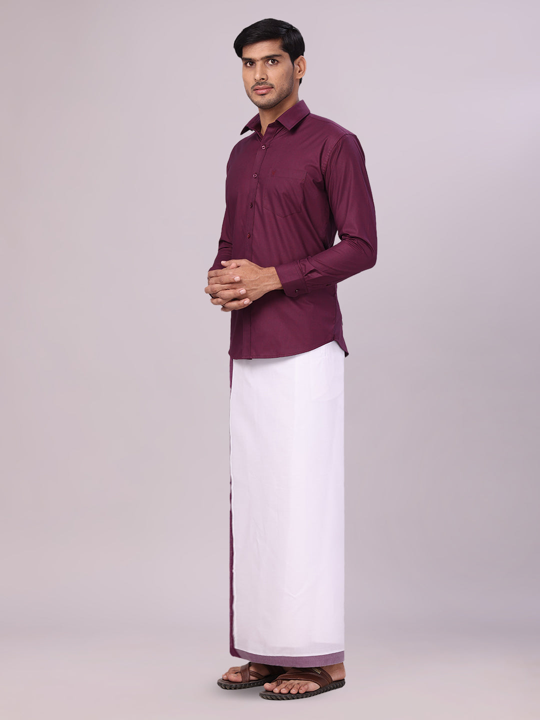 Men's Dark Wine Shirt with Matching Border Flexi Dhoti Combo Casper Flexi side pose