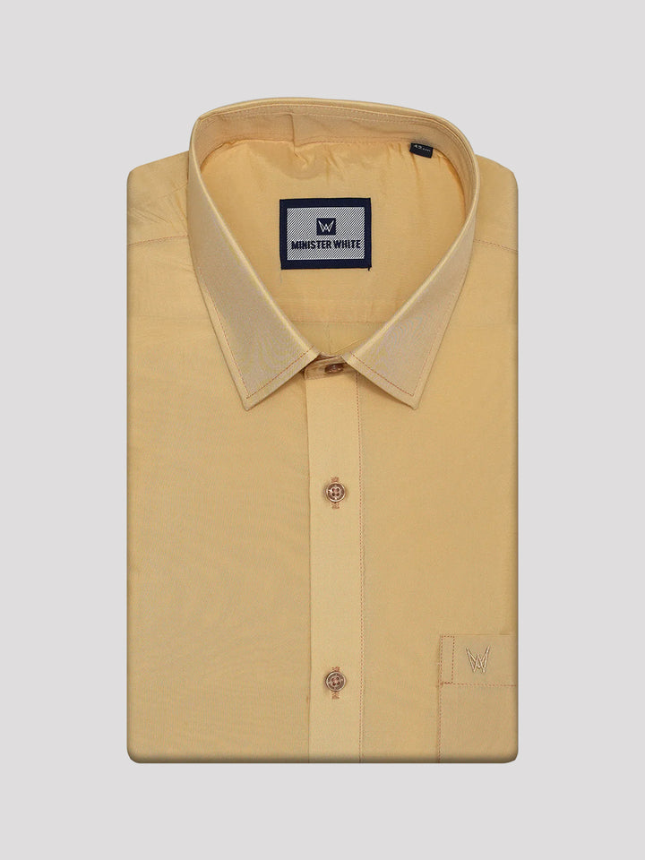 Mens Art Silk Medium Gold Full Sleeves Shirt with Gold Jari Border Dhoti Combo Finesse