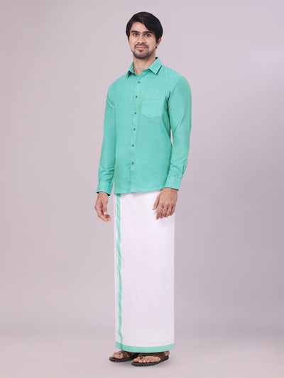 Men's Light Blue Colour Shirt with Matching Fancy Border Dhoti Combo Lemax side pose