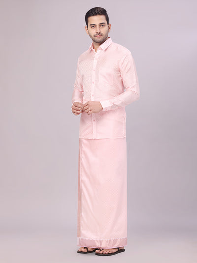 Men's Art Silk Pink Jacquard Full Sleeves Shirt with 2 1/2" Jari Border & Towel Dhoti Combo Nautica