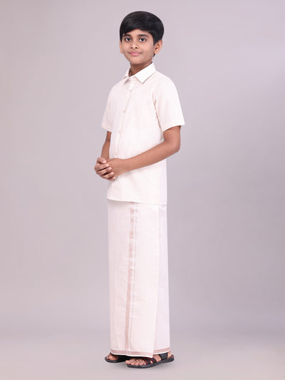 Kids Almond Color Tissue Shirt with Jari Dhoti Combo side pose
