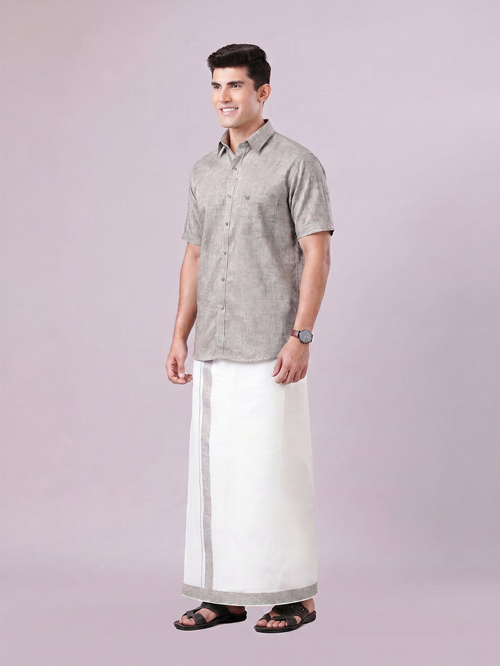 Men's Light Grey Color Digital Printed Shirt with Matching Printed Border Dhoti Combo Varnam