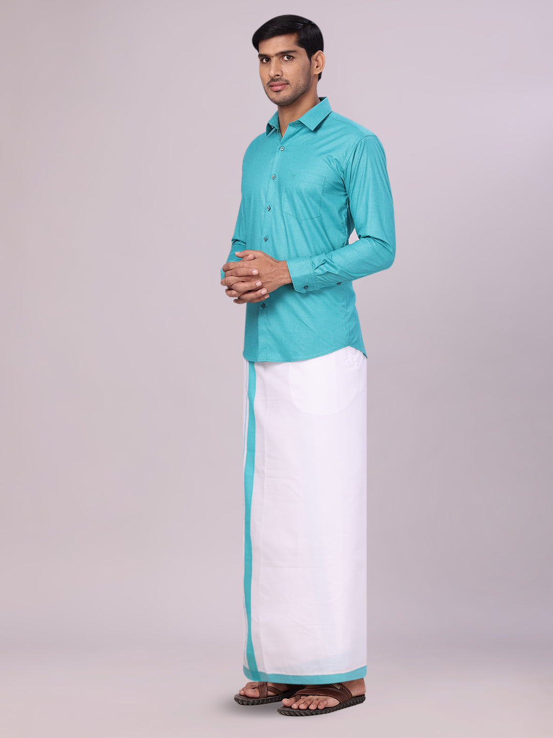 Men's Sky Blue Color Shirt with Matching Border Dhoti Combo Casper side pose