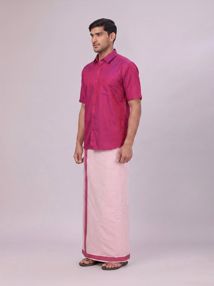 Mens Cotton Magenta Shirt with Tissue Matching Border Dhoti Wedding Combo Kandala
