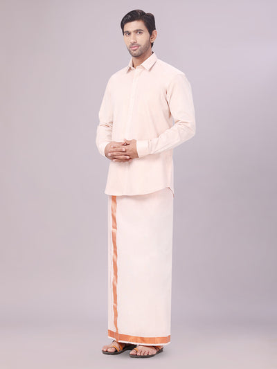 Men's Copper Color Tissue Shirt with Jari Dhoti Combo side pose