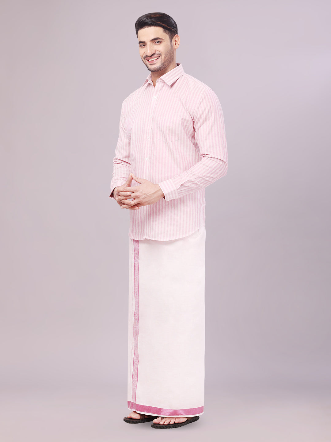 Men's Tissue Stripes Rose Shirt with Plain Jari Border Dhoti Wedding Combo Carter side pose