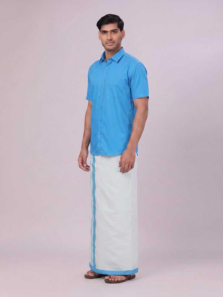 Mens Cotton Blue Shirt with Tissue Matching Border Dhoti Wedding Combo Kandala