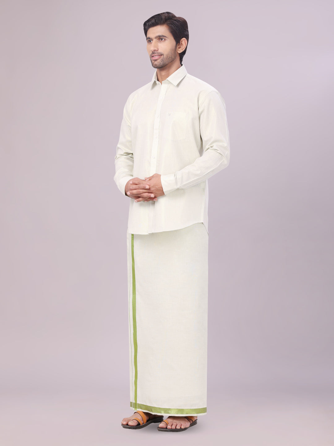 Men's Tissue Sky Green Color Dhoti Shirt Wedding Combo Maverick side pose