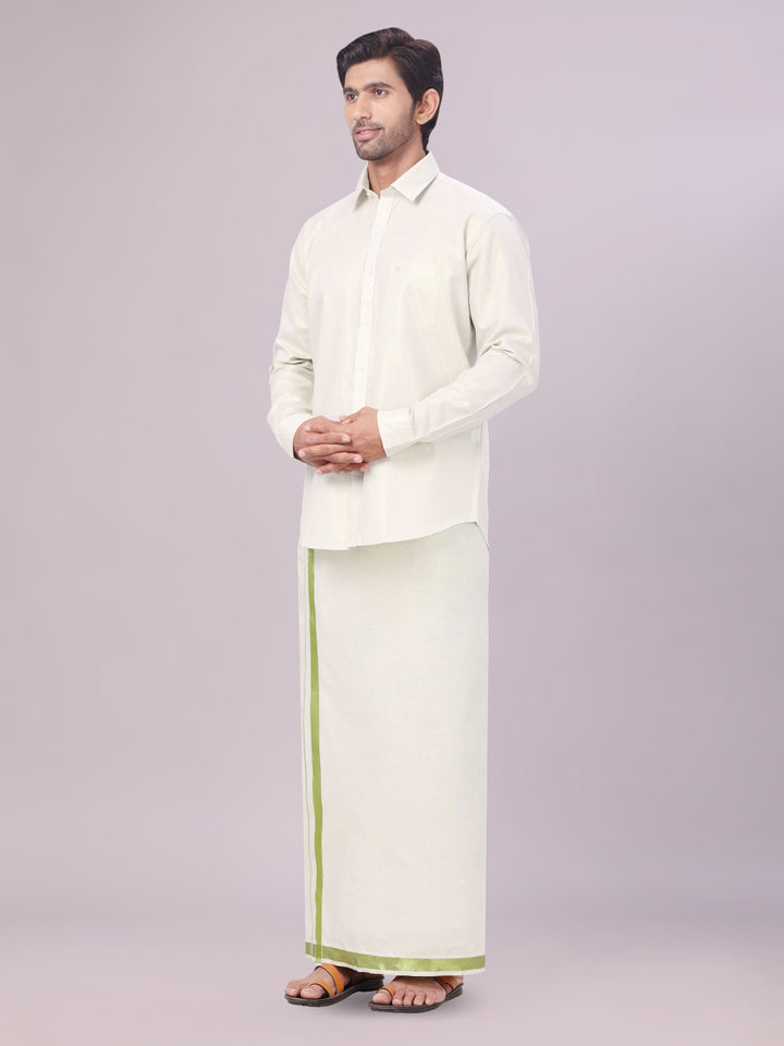 Men's Tissue Sky Green Color Dhoti Shirt Wedding Combo Maverick side pose