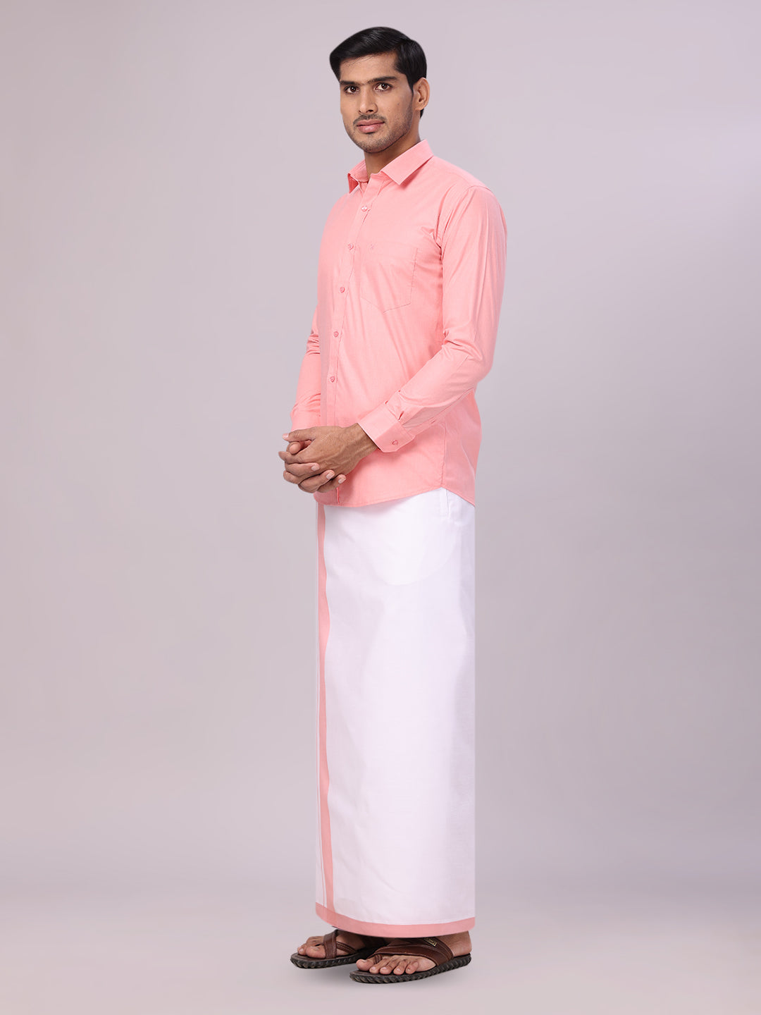 Men's Light Pink Color Shirt with Matching Border Dhoti Combo Casper side pose