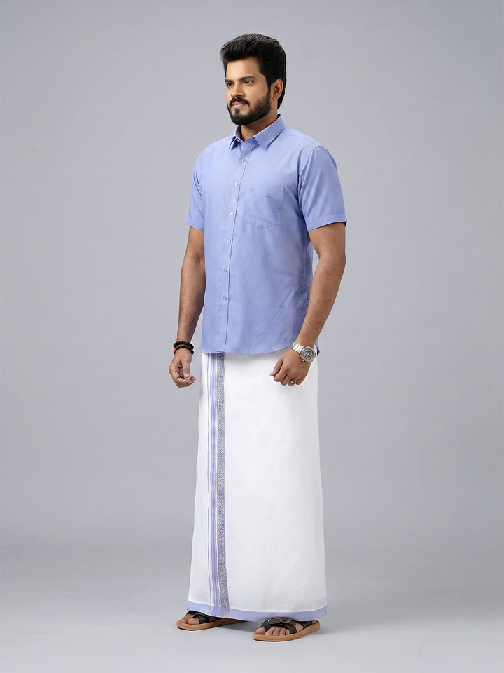 Men's Cotton Light Blue Matching Shirt with Fancy Printed Border Dhoti Combo Luster Trend