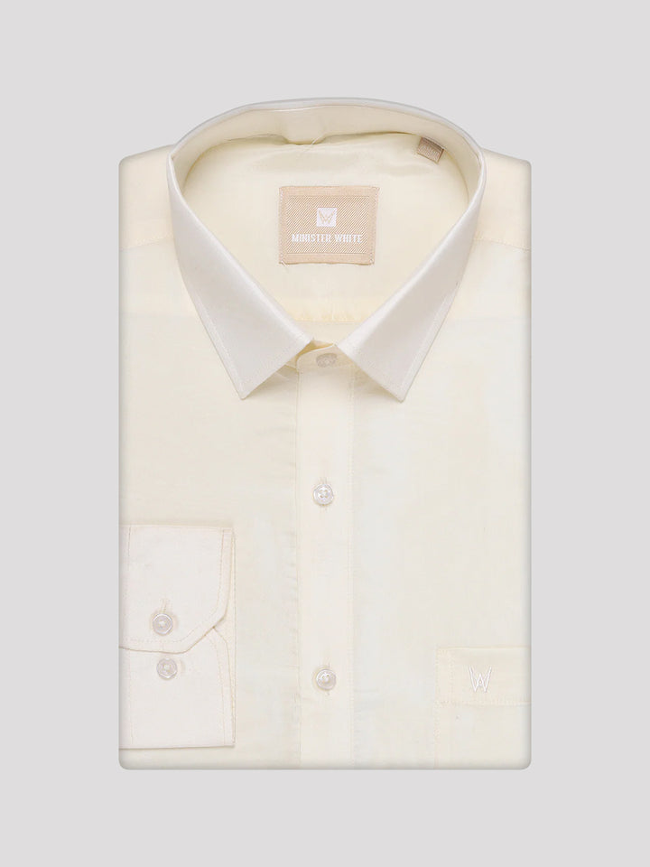 Men's Art Silk Cream Full Sleeves Shirt with 3" Gold Jari Border Dhoti Combo Mangal