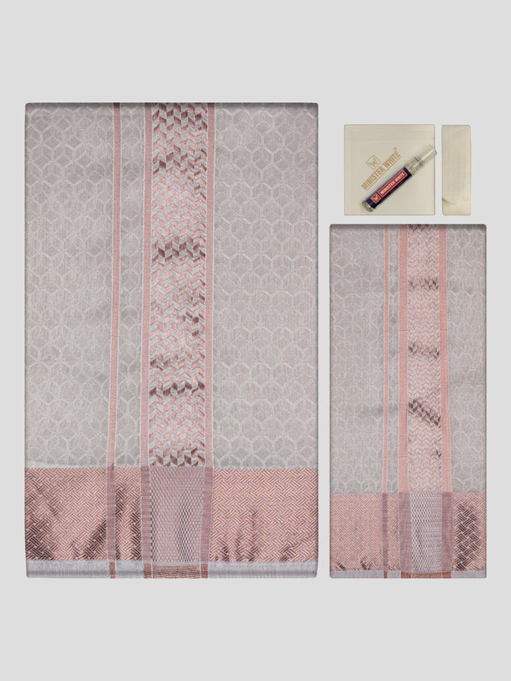 Men's Premium Art Silk Light Copper Shirt Bit with 2 1/2" Copper Jari Border Dhoti Towel Combo Sweden
