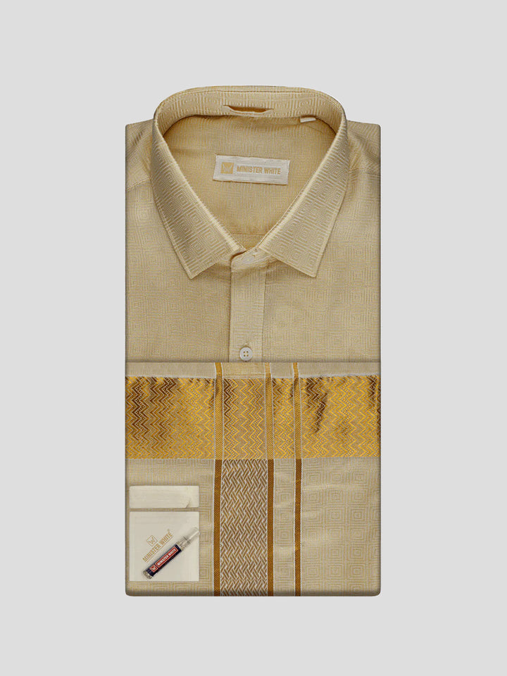 Men's Art Silk Fawn Jacquard Full Sleeves Shirt with 2 1/2" Gold Jari Border Dhoti & Towel Combo Nautica