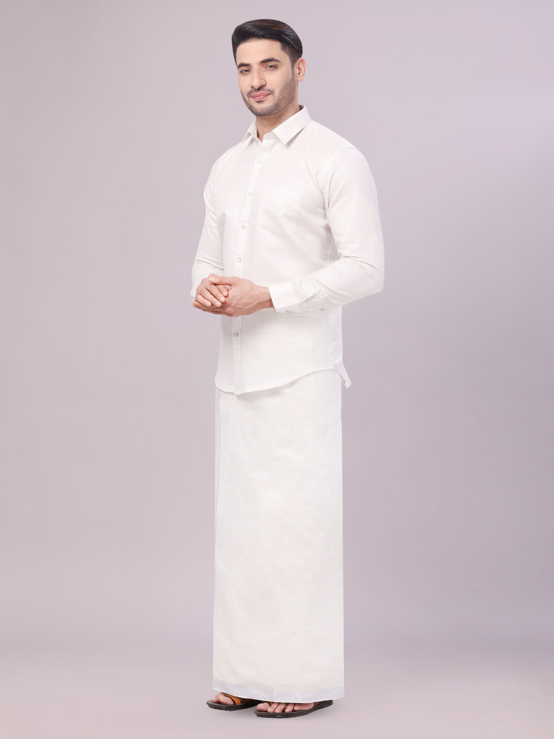 Men's Silver Color Jacquard Shirt with Matching Dhoti Combo Zeebra side pose