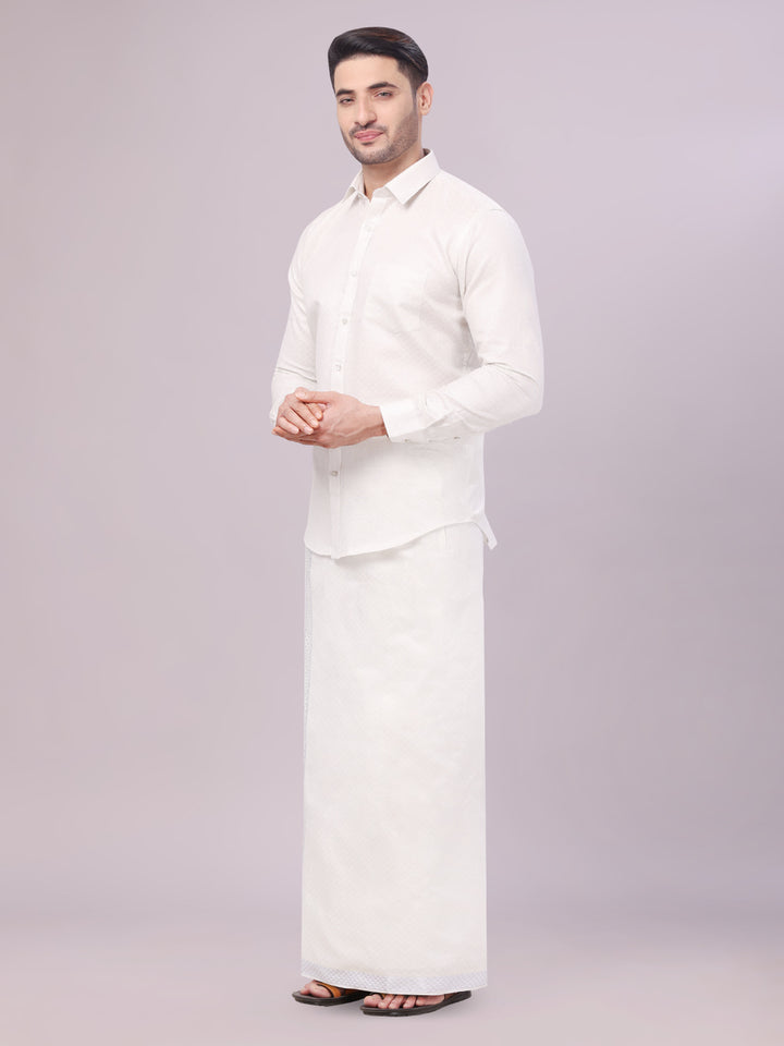 Men's Silver Color Jacquard Shirt with Matching Dhoti Combo Zeebra side pose