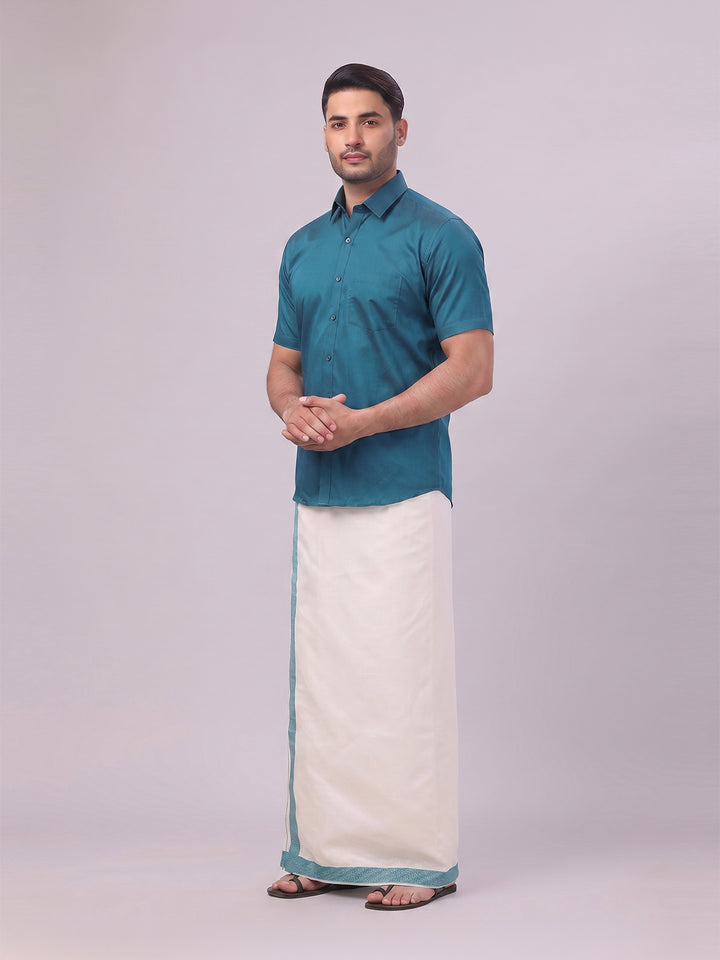 Men's Cotton Steel Blue Shirt and Airtex Matching Border Dhoti Combo Nector