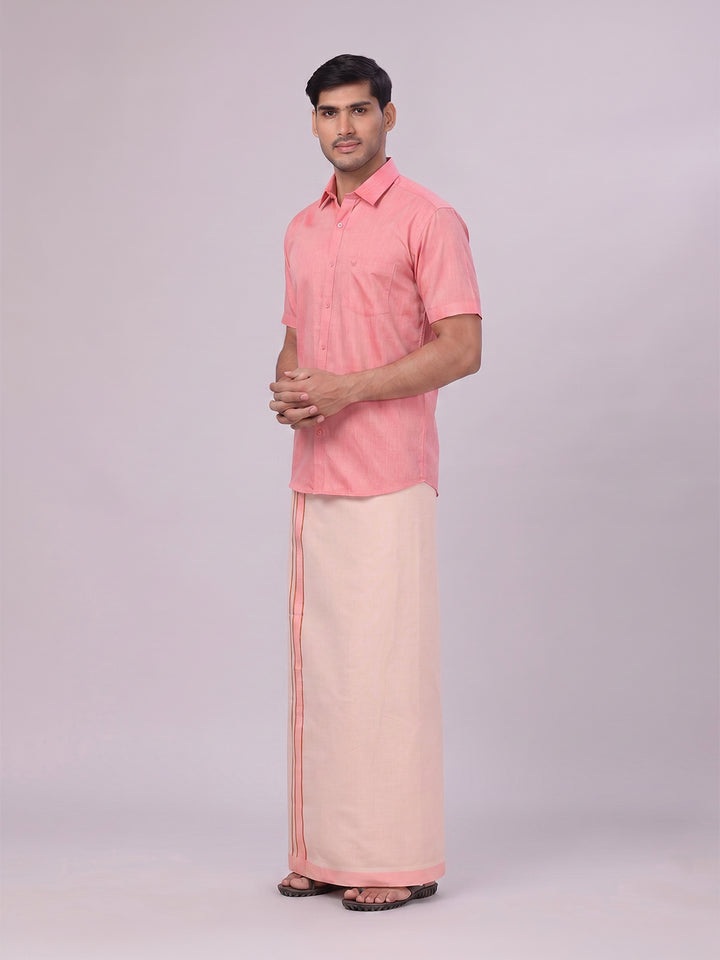 Mens Cotton Pink Shirt with Tissue Matching Border Dhoti Wedding Combo Kandala