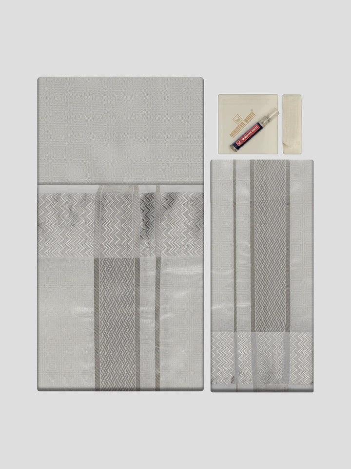 Men's Art Silk Off White Jacquard Full Sleeves Shirt with 2 1/2" Silver Jari Border & Towel Dhoti Combo Nautica