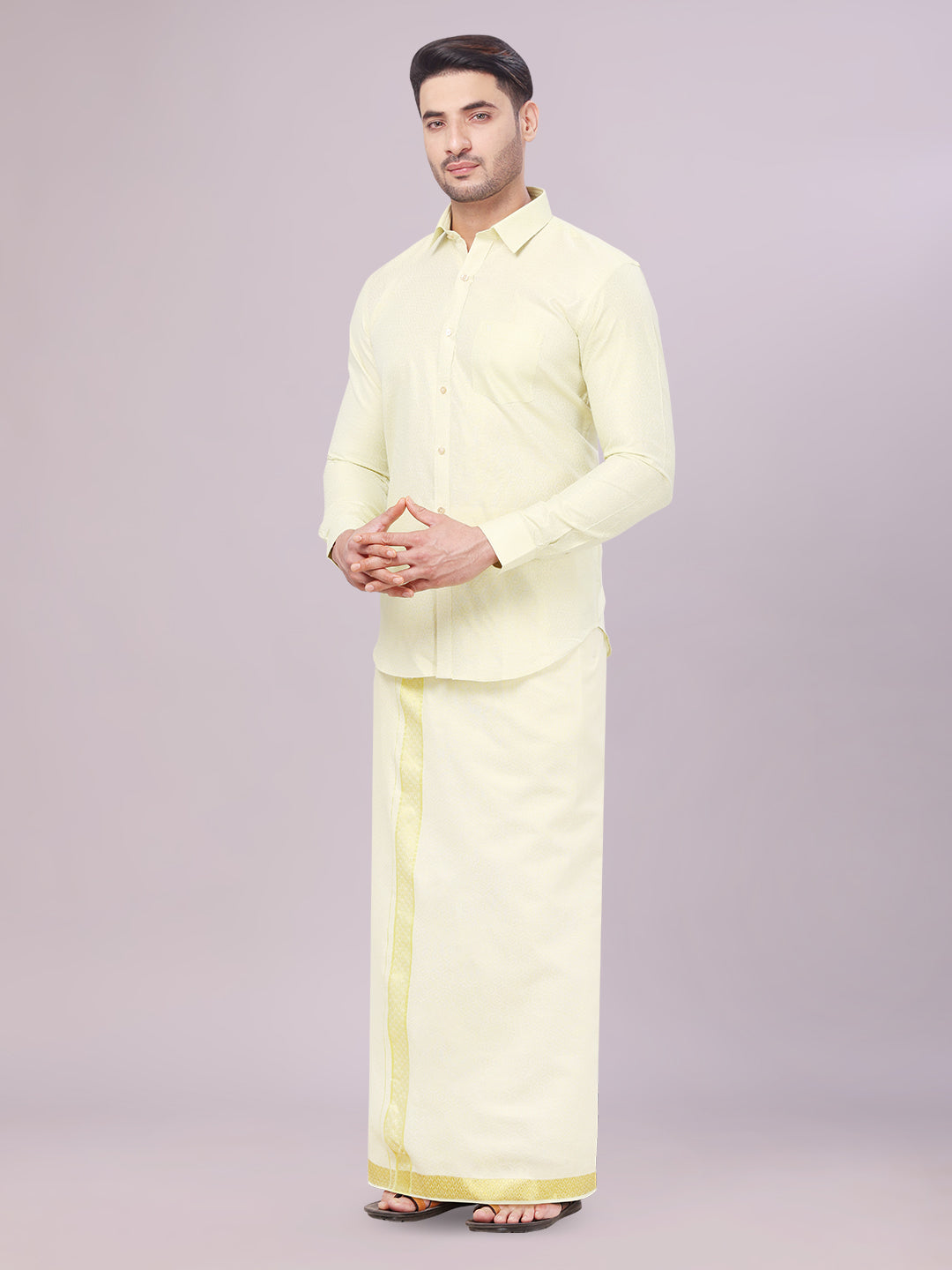 Men's Brass Tissue Jacquard Shirt with Matching Dhoti Combo Zeebra side pose