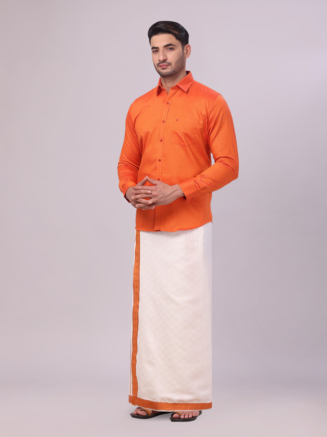 Mens Cotton Brick Shirt and Airtex Matching Border Dhoti Combo Nector