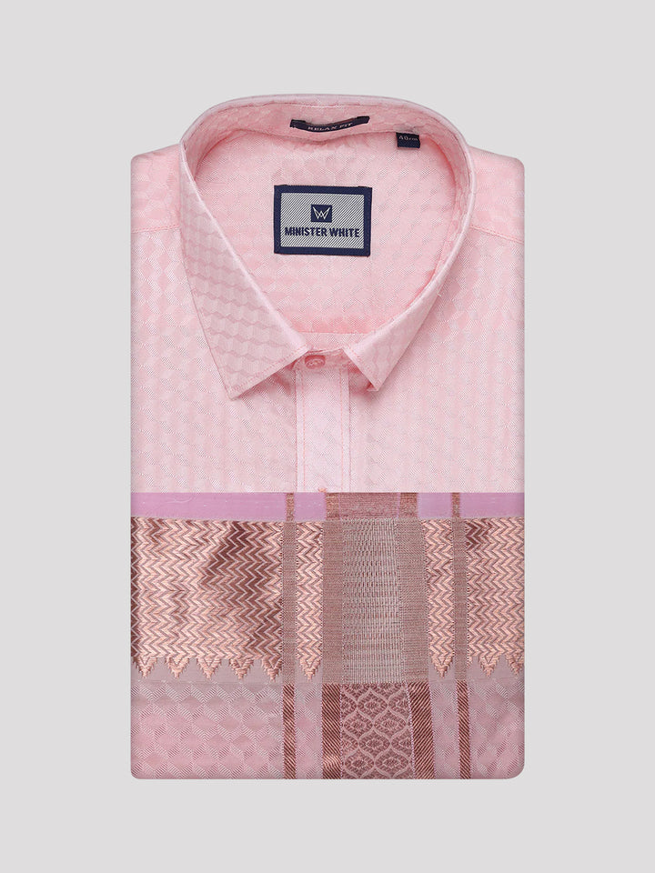 Men's Art Silk Pink Full Sleeves Shirt with 2 1/2" Copper Jari Border Dhoti Combo Nautica